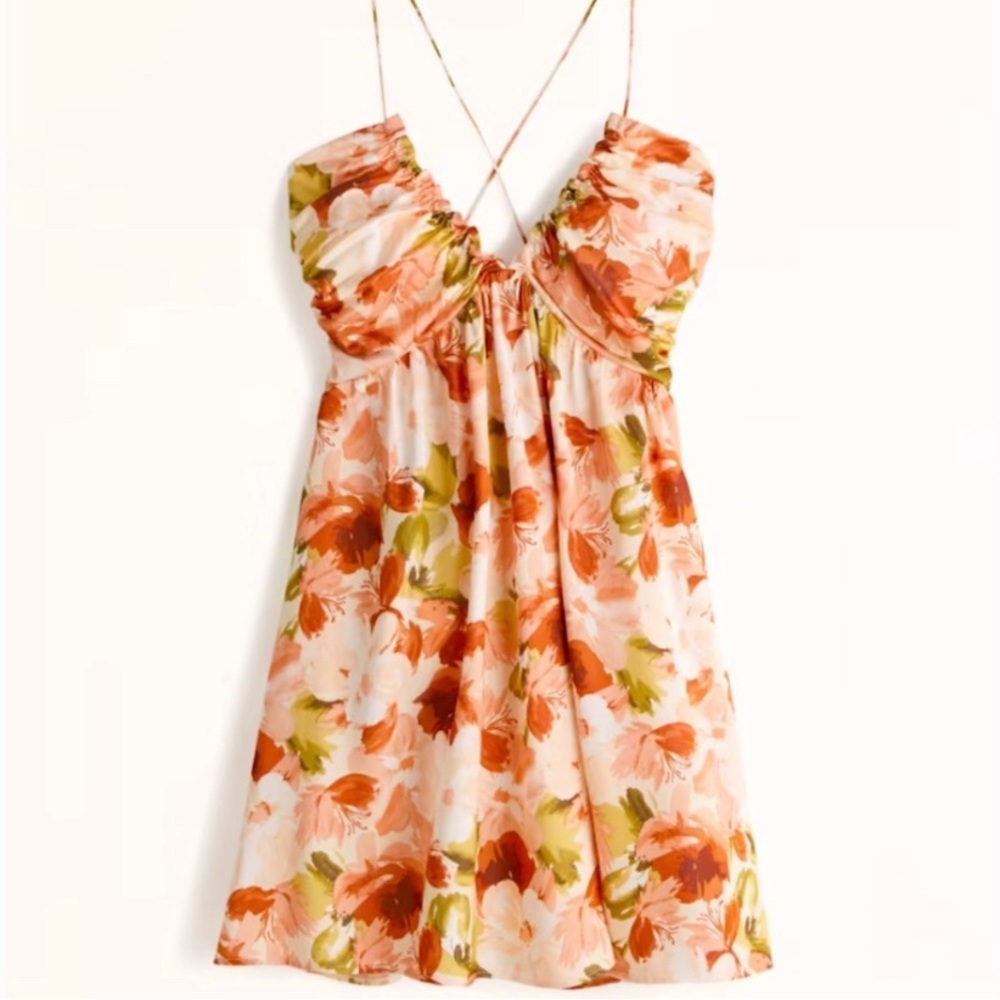Abercrombie & Fitch Drama Ruched Mini Dress Satin, Floral, Size Small, NWT